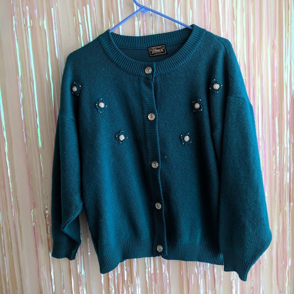 Vintage 80's Daisy acent bright teal cardigan